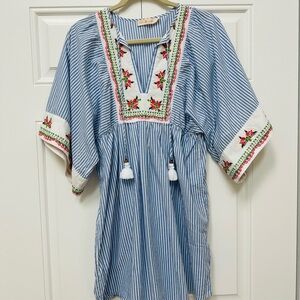 Tory Burch Women’s Blue and White Striped Caftan with Embroidery